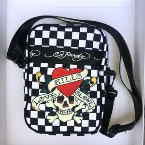NEW Ed Hardy Black & White Check Nylon Crossbody Bag With Skull & Heart NWT